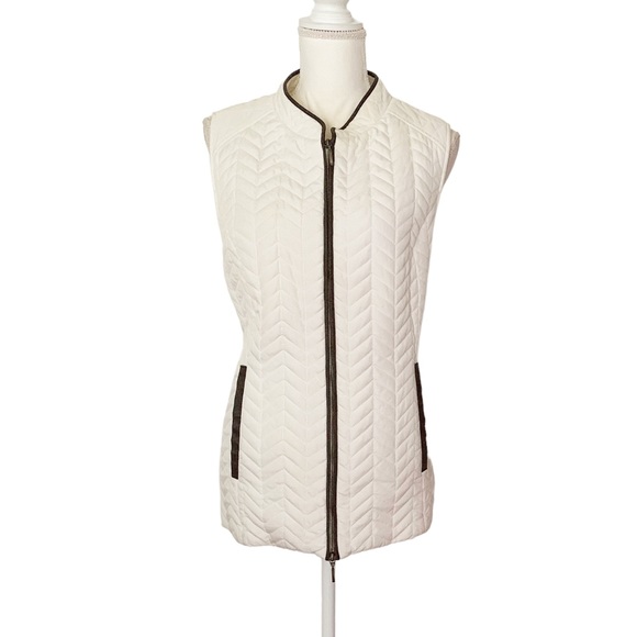 Chicos Quilted Cream Puffer Vest with faux leather Trim - Picture 1 of 8